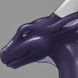 ambiguous_form ambiguous_gender ears_back facial_markings grey_background head_markings horn looking_at_viewer markings mouth_closed narrowed_eyes orange_eyes pivoted_ears pupils purple_body side_view simple_background slit_pupils solo white_horn darkgem mythology dragon mythological_creature mythological_scalie scalie 1:1