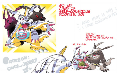 ambiguous_gender anthro belly claws fingers fur gesture group hand_gesture pointing red_text teeth text tongue trio white_claws yellow_body yellow_fingers dahecksajerry bandai_namco digimon blackgabumon digimon_(species) gabumon psychemon