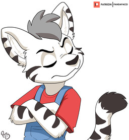 anthro blue_clothing blue_overalls clothed clothing crossed_arms eyes_closed front_view fur grey_hair hair logo male markings mouth_closed overalls patreon_logo red_clothing red_shirt red_t-shirt red_topwear shirt short_hair simple_background solo striped_arms striped_body striped_ears striped_fur striped_markings striped_tail stripes t-shirt tail tail_markings topwear white_background white_body white_fur young young_anthro young_male pandapaco patreon felid mammal artist_logo bust_portrait portrait signature
