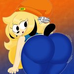 anthro blonde_hair butt butt_focus clothed clothing dialogue femboy hair long_hair looking_at_viewer looking_back male simple_background solo text tongue topwear wide_hips 3barts parappa_the_rapper sony_corporation sony_interactive_entertainment parappa parappa_the_trappa canid canine canis domestic_dog mammal 1:1 digital_media_(artwork) hi_res