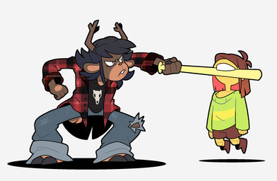 ambiguous_gender ambiguous_human anthro baseball_bat bat_(object) black_clothing black_hair black_shirt black_topwear bottomwear brown_body brown_fur brown_hair buckteeth clothing denim denim_bottomwear denim_clothing duo fan_designs female fur green_clothing green_shirt green_topwear hair horn jeans pants shirt simple_background teeth topwear white_background yellow_body yellow_skin akanemnon deltarune undertale_(series) dess_holiday kris_dreemurr deer human mammal new_world_deer reindeer 2025 nonbinary_(lore)