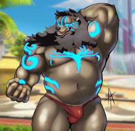alternate_species anthro arm_markings black_mane blue_eyes blue_markings blue_sky blurred_background brown_body brown_fur bulge chest_markings clothing cloud day flexing flexing_bicep forearm_muscles fur glowing glowing_eyes glowing_markings male mane markings musclegut muscular muscular_anthro muscular_male navel outside palm_tree pecs plant red_clothing red_thong red_underwear shoulder_markings sky solo thong tree underwear angry_texy blizzard_entertainment overwatch druid_mauga mauga_(overwatch) bear brown_bear grizzly_bear mammal ursine 2026 hi_res