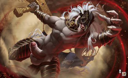 abs anthro armor balls biceps biped black_armor clothing erection foreskin fur gauntlets genitals gloves hair handwear headgear helmet humanoid_genitalia humanoid_penis male muscular nipples pecs penis scar serratus solo triceps vein veiny_penis white_body white_fur white_hair nexus elden_ring fromsoftware maliketh_(elden_ring) canid canine canis mammal wolf 2022 digital_media_(artwork)