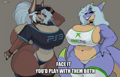 2_horns anthro bedroom_eyes big_breasts blue_eyes braces breasts brown_body choker cleavage clothed clothing curvy_figure dipstick_tail duo eyebrows eyelashes female fur grey_background grey_hair hair half-closed_eyes hand_on_hip hat headgear headwear horn huge_breasts jewelry legs_together legwear logo_on_shirt long_hair looking_at_viewer markings multicolored_body narrowed_eyes navel necklace panties pantsless ponytail pupils seductive shirt side_boob simple_background slightly_chubby smile standing stockings tail tail_markings tank_top teeth text text_on_clothing text_on_shirt text_on_topwear thick_thighs thigh_highs topwear underwear voluptuous voluptuous_anthro voluptuous_female wide_hips duase microsoft mythology playstation playstation_3 sony_corporation sony_interactive_entertainment xbox xbox_game_studios xbox_live zinny_(duase) canid canine dragon mammal mythological_creature mythological_scalie scalie 2026 artist_name hi_res