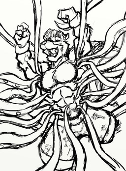 abs anthro clothed clothing fluffy fluffy_tail fur hair laugh male navel open_mouth open_smile pecs restrained restrained_arms restrained_by_tentacles smile solo swimming_trunks swimwear tail tentacles tickle_fetish tickle_torture tickling tickling_armpits tickling_belly tickling_navel tickling_sides topless topless_anthro topless_male kctk zach_hastings mammal mephitid skunk