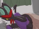 ambiguous_gender ambiguous_slit bed bedroom bodily_fluids detailed_background furniture inside lying on_bed on_side one_eye_closed solo tears under_covers nekozuki nintendo pokemon generation_6_pokemon noivern pokemon_(species) 2016 4:3