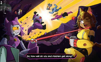 1_eye ambiguous_gender anthro arm_cannon being_watched biped blue_body blush blush_lines clothed clothed_anthro clothing coffee_mug collar detailed_background dialogue dramatic_lighting duo_focus eye_contact eyewear eyewear_on_head facial_scar female female/female fight goggles goggles_on_head grey_body group hair imminent_fight leash leash_pull leashed_collar looking_at_another magenta_body male male/male pink_eyes purple_body scar snow speech_bubble tail talking_to_another tan_body tan_skin teeth text weapon weapon_arm whiskers wounded n_problemm among_us gameoverse glitch_productions innersloth the_amazing_digital_circus crewmate_(among_us) flappers_(gameoverse) fold_(gameoverse) gobbles_(gameoverse) kaboodle_(gameoverse) kinger_(tadc) kit_bodega malice_(gameoverse) miss_information humanoid absurd_res hi_res
