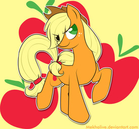 apple blonde_hair clothing cowboy_hat cutie_mark female feral food freckles fruit green_eyes hair hat headgear headwear plant solo tail mekhalive friendship_is_magic hasbro my_little_pony applejack_(mlp) earth_pony equid equine horse mammal pony 2013 source_request unavailable_at_source