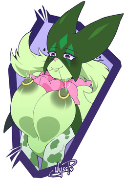 anthro areola big_breasts bodily_fluids breasts cow_print_armwear eyelashes female female_anthro front_view fur green_areola green_body green_fur green_nipples huge_breasts lactating mask milk nipples non-mammal_nipples pink_eyes pink_nose purple_background simple_background solo white_background weepinbelly nintendo pokemon generation_9_pokemon meowscarada pokemon_(species) hi_res