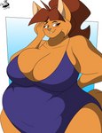 anthro blush breasts clothing female hair one-piece_swimsuit overweight overweight_anthro overweight_female solo swimwear chrisandcompany reese_vecat domestic_cat felid feline felis mammal hi_res unavailable_at_source