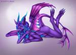 4_toes 5_fingers anthro blue_hair blue_horn breasts feet female fingers gradient_hair hair horn lying membrane_(anatomy) membranous_wings non-mammal_breasts nude purple_body purple_eyes purple_hair purple_skin simple_background smile solo tail toes wings selianth mythology dragon mythological_creature mythological_scalie scalie hi_res