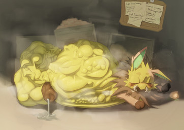balls bodily_fluids cock_vore cum food genital_fluids genitals leaking_cum male mass_vore multiple_prey musk oral_vore penile penis sleeping sweat sweaty_balls sweaty_body sweaty_genitalia vore .f_9578 nintendo pokemon eeveelution generation_1_pokemon jolteon pokemon_(species) absurd_res hi_res