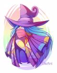 1_eye bandanna_scarf blue_hair cape clothing female hair hat headgear headwear not_furry paint rainbow_background simple_background solo white_background witch_hat yellow_eyes cilvia_mirell kirby:_canvas_curse kirby_(series) nintendo drawcia waddling_head absurd_res hi_res