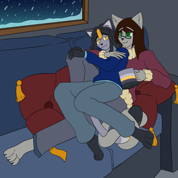 anthro barefoot brown_hair clothed clothing container cuddling cup dreadlocks duo entwined_tails eyewear feet fully_clothed fur furniture glasses green_eyes grey_body grey_fur hair hug inside male mug on_sofa pillow romantic romantic_couple sitting sitting_on_sofa snow snowing sofa sweater tail tail_coil topwear window yellow_eyes deepfriedlasereyes nintendo pokemon fan_character i_(itsmemtfo4) vinci_(itsmemtfo4) whaddon_(character) alolan_form alolan_meowth felid generation_7_pokemon mammal pantherine pokemon_(species) regional_form_(pokemon) snow_leopard 1:1 absurd_res digital_media_(artwork) full-length_portrait hi_res portrait