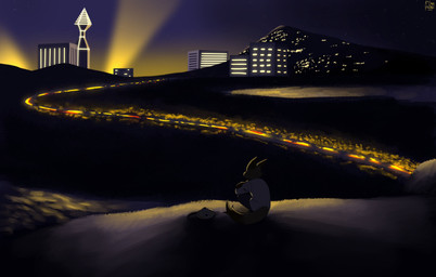 anthro brown_body brown_fur building city city_lights cityscape cliff detailed_background fur hill light male modern_architecture night outside river road skyscraper solo star tail a9ymus foxymus_(a9ymus) canid canine fox mammal 2025 absurd_res hi_res lighting shaded