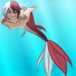blue_eyes grey_eyes hair heterochromia male multicolored_hair pale_skin red_hair scales solo split_form swimming two_tone_hair two_tone_tail underwater water white_hair raayy1 my_hero_academia todoroki_shouto aquatic humanoid_merfolk merfolk 1:1 2019