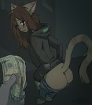 ambiguous_gender anthro banknote bottomwear brown_hair butt clothing disembodied_hand duo femboy hair hoodie money pants prostitution rear_view solo_focus topwear undressing whiskers marshmallow-ears domestic_cat felid feline felis mammal hi_res