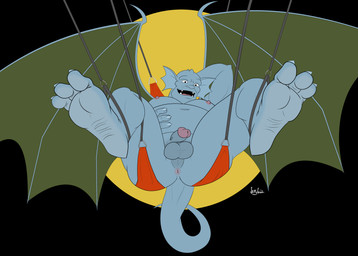 3_toes abstract_background anus balls blue_body blue_skin butt countershade_feet countershading feet foot_focus genitals half-erect legs_held_up looking_at_viewer lying male nipples not_furry nude on_back overweight overweight_male penis presenting presenting_anus sex_swing simple_background smile soles solo tail toes wings spiffygreen disney gargoyles broadway_(gargoyles) gargoyle humanoid absurd_res digital_media_(artwork) hi_res