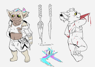 black_sclera blood bodily_fluids bottomless butt claws clothed clothing dagger ear_piercing ear_tag hair heterochromia holding_object holding_weapon looking_at_viewer male melee_weapon navel nipples paint pawpads paws piercing simple_background smile solo standing teeth toe_claws weapon slugsdog league_of_legends riot_games tencent mammal yordle absurd_res hi_res model_sheet