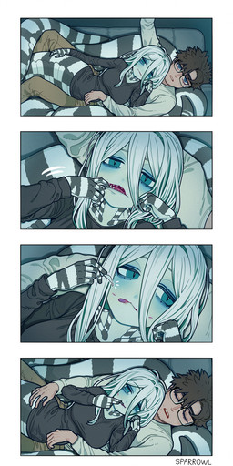 5_fingers apode big_breasts black_body black_clothing black_eyewear black_glasses black_scales black_shirt black_tail black_topwear blue_eyes breasts brown_eyebrows brown_hair clothed clothed_female clothed_human clothed_humanoid clothing collarbone cuddling eating eyebrows eyelashes eyes_closed eyewear female female_humanoid fingers furniture glasses hair half-closed_eyes humanoid_hands legless long_hair long_sleeves looking_aside lying male male_human markings multicolored_body multicolored_scales narrowed_eyes on_side on_sofa open_mouth pink_tongue pupils purple_tongue scales serpentine sharp_teeth shed_skin shirt short_hair sleeping slit_pupils sofa solo split_form striped_markings striped_tail stripes stubble tail tail_markings teeth text tongue tongue_out topwear two_tone_body two_tone_scales two_tone_tail ventral_scales white_body white_hair white_pupils white_scales white_tail sparrowl edan_(sparrowl) ivy_(sparrowl) animal_humanoid draconcopode human humanoid lamia mammal reptile reptile_humanoid scalie scalie_humanoid snake snake_humanoid 2025 absurd_res artist_name comic hi_res