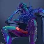 anthro balls bottomless cape chair clothed clothing erection furniture genitals low-angle_view male mandibles nude penis purple_body red_eyes sitting solo spread_legs spreading throne ekzonzz viper_rsr veloce_(viper_rsr) arthropod insect monster 2024 hi_res