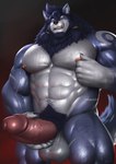 5_fingers anthro arm_hair balls barazoku beard big_balls big_muscles big_penis black_claws blue_body blue_fur blue_hair body_hair claws erection eyebrows facial_hair fingers fur genitals grin hair holding_penis huge_muscles huge_penis humanoid_genitalia humanoid_hands humanoid_penis looking_at_viewer male multicolored_body multicolored_fur muscular muscular_anthro muscular_male nipple_fetish nipple_pinch nipple_play nipples nude penis pinch pink_nipples pink_penis pubes red_eyes simple_background smile solo standing thick_eyebrows thick_penis tusks two_tone_body two_tone_fur vein veiny_muscles white_body white_fur earthist merphilox_bigwolf canid canine canis mammal wolf 2021 absurd_res hi_res