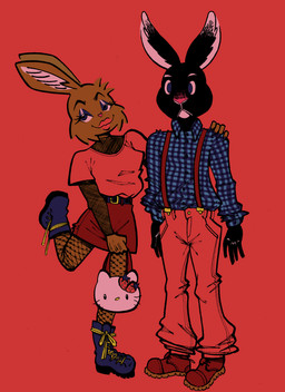 anthro belt black_body boots bottomwear braces_(clothing) brown_body clothing denim denim_bottomwear denim_clothing duo female fishnet_clothing footwear handbag jeans long_ears looking_at_viewer makeup male pants pattern_clothing pattern_shirt pattern_topwear pink_nose plaid plaid_clothing plaid_shirt plaid_topwear shirt shoes skirt t-shirt text topwear autenticovadito hello_kitty_(series) sanrio bugambilia_(autenticovadito) hello_kitty_(character) lagomorph leporid mammal rabbit absurd_res english_text hi_res