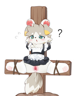 after_sex anthro anus blush bodily_fluids body_blush cheek_tuft clitoris clothed clothing clothing_lift cross cum cum_in_vagina cum_inside digitigrade dress dress_lift drooling emanata facial_tuft feet female floppy_ears fluffy fluffy_tail gaping gaping_vagina genital_fluids genitals green_eyes half-closed_eyes heart_pupils heart_symbol hindpaw inner_labia inverted_cross leaking_cum leaking_vagina legwear maid_uniform narrowed_eyes neck_tuft pawpads paws question_mark restrained_arms restrained_legs saliva simple_background solo spread_legs spreading stockings tail tears thigh_highs translucent translucent_clothing translucent_legwear translucent_stockings tuft uniform vulva vulva_blush white_background kusan_nei canid canine canis domestic_dog mammal absurd_res hi_res