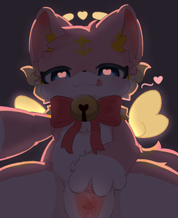 anthro anus bodily_fluids bow_accessory clitoris female feral front_view fur genitals halo heart_symbol humanoid_genitalia humanoid_genitalia_on_feral humanoid_vulva kemono one_eye_closed pawpads paws pink_body pink_fur presenting presenting_vulva simple_background smile solo spread_legs spread_vulva spreading vulva white_background white_body white_fur neisawa neisawa(neisawawww) canid canine fox mammal absurd_res hi_res