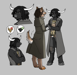 anthro black_body black_fur brown_body brown_fur duo duster_coat fur gesture grey_background handshake hooves horn male new_vegas simple_background snout standing tail uselessmossball fallout microsoft the_courier_(fallout) ulysses_(fallout) bovid bovine canid canine canis cattle domestic_dog highland_cattle mammal english_description hi_res multiple_scenes