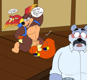anthro balls blue_eyes bodily_fluids clothing cum cumshot duo ejaculation facesitting feral footwear footwear_only fur genital_fluids genitals humanoid_genitalia humanoid_penis male male/male mostly_nude penis shoes shoes_only simple_background sitting_on_another smile sstinkies banjo-kazooie conker's_bad_fur_day rareware banjo_(banjo-kazooie) conker kazooie avian bear mammal rodent sciurid tree_squirrel absurd_res digital_media_(artwork) hi_res