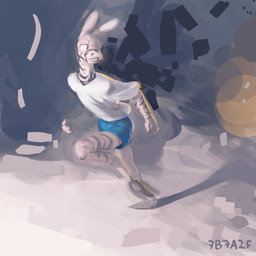 anthro biped blue_bottomwear blue_clothing blue_shorts bottomwear clothed clothed_anthro clothed_male clothing long_ears looking_back male male_anthro running shirt shorts simple_background solo striped_body stripes t-shirt text textured_background three-quarter_view topwear white_clothing white_shirt white_t-shirt white_topwear 7b7a2f equid equine mammal zebra 1:1 2023 absurd_res artist_name digital_media_(artwork) hi_res