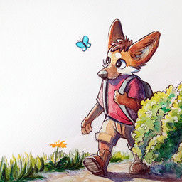 4_fingers anthro backpack biped black_nose blue_wings boots bottomwear brown_body brown_boots brown_bottomwear brown_clothing brown_ears brown_footwear brown_fur brown_pants cheek_tuft clothing duo facial_tuft fingers flower footwear fur glistening glistening_eyes glistening_nose insect_wings lepidopteran_wings male orange_body orange_fur outside pants plant red_clothing red_shirt red_t-shirt red_topwear shadow shirt shoes shrub t-shirt topwear tuft white_body white_fur wings yellow_flower young young_anthro yookie arthropod butterfly canid canine insect lepidopteran mammal maned_wolf 1:1