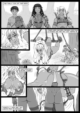 backsack balls big_breasts big_butt bound breasts butt clothing dominant dominant_male female genitals group imminent_rape imminent_sex knife male nipples not_furry nude profanity rope submissive submissive_female suspension text tusks undressing flick-the-thief elf humanoid orc english_text hi_res monochrome