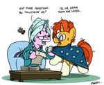 bathrobe cape clothing coffee_table dialogue duo eyewear facial_hair female glasses horn leg_markings male markings mustache pajamas paper robe socks_(marking) stamp text towel towel_on_head bobthedalek friendship_is_magic hasbro my_little_pony mythology starlight_glimmer_(mlp) sunburst_(mlp) equid equine mammal mythological_creature mythological_equine unicorn english_text hi_res