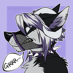 anthro black_body black_fur clenched_teeth collar ear_piercing ears_back fur grey_body grey_fur growling hair horn male multicolored_body multicolored_fur muzzle_(object) piercing pivoted_ears simple_background snout solo spikes teeth white_eyes white_hair white_sclera misheru-san aeron_(number_666) canid canine canis mammal 1:1 icon