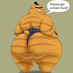 anthro asian_clothing big_butt butt clothing dialogue east_asian_clothing japanese_clothing male mawashi orange_body overweight overweight_male pink_nose simple_background solo sumo text colossalstars paws_of_fury:_the_legend_of_hank sumo_(paws_of_fury) domestic_cat felid feline felis mammal 1:1 2022 absurd_res english_text hi_res