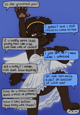 age_difference angel_costume anthro child_grooming clothing curly_hair dialogue feathered_wings feathers female hair manipulation pawpads solo text wings young breadbitch420 phoebe_(breadbitch420) canid canine canis domestic_dog mammal poodle comic english_text hi_res