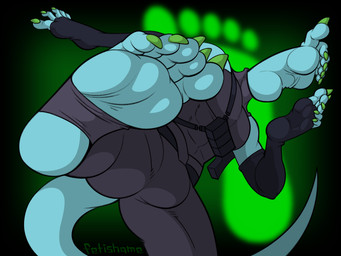 5_toes abs action_pose after_transformation anthro armwear athletic athletic_male black_bodysuit black_clothing black_skinsuit blue_body bodysuit bulge clothing colored_nails feet first_person_view foot_focus foot_hands foothand foothead footprint green_background green_nails green_toenails gun gun_belt kick light light_weapon male martial_arts nails plantigrade pose ranged_weapon simple_background skinsuit solo stirrup_legwear tail tight_clothing toenails toes unusual_anatomy unusual_hands unusual_head weapon fetishame celdwyn foot_creature foot_head humanoid lizard reptile scalie 4:3 absurd_res hi_res lighting shaded signature