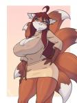 2019 3:4 ahoge anthro big_breasts blue_eyes bottomwear breasts canid canine cleavage cleavage_cutout clothed clothing curvy_figure cutout dipstick_tail eyewear female fox fur glasses hair hand_on_hip hi_res huge_breasts kitsune_mom_(othinus) long_hair looking_at_viewer mammal markings mature_anthro mature_female miniskirt multi_tail multicolored_tail orange_body orange_fur othinus red_hair signature skecchiart skirt sweater tail tail_markings thick_thighs topwear