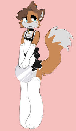 :3 absolute_territory anthro armwear big_tail blue_eyes brown_body brown_fur clothing collar collar_tag ear_piercing eyeshadow facing_forward femboy fur heart_collar_tag holding_object holding_plate legwear maid_uniform makeup male orange_body orange_fur piercing pink_background plate shy simple_background solo standing tail thigh_gap thigh_highs uniform white_body white_clothing white_fur white_legwear white_thigh_highs skipper_katt mochafox_(itsmochafox) canid canine fox mammal true_fox hi_res