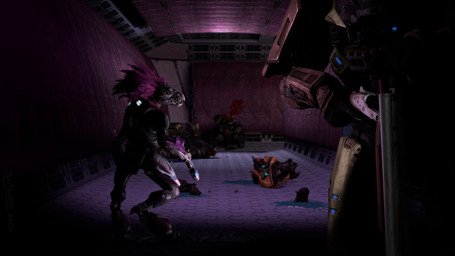 anthro arm_feathers arm_tuft armor blood blood_on_ground blood_on_wall blue_blood blue_eyes bodily_fluids bone colored_blood dark death decapitation digitigrade double_barrel_shotgun duo faceless_character faceless_human faceless_male feather_hair feathered_crest feathers female gun head_crest holding_gun holding_object holding_ranged_weapon holding_weapon male missing_leg out_of_frame plasma_pistol pseudo_hair purple_body purple_feathers ranged_weapon severed_body_part severed_leg severed_limb shell_(projectile) shotgun shotgun_shell tuft unusual_blood unusual_bodily_fluids weapon pompilus-sfm halo_(series) microsoft xbox_game_studios gluhara alien avian human kig-yar mammal scalie t'vaoan unggoy 16:9 3d_(artwork) 4k absurd_res digital_media_(artwork) hi_res source_filmmaker_(artwork) widescreen