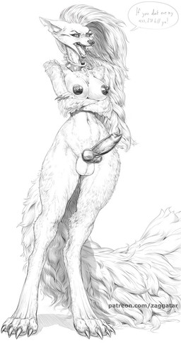 4_toes 5_fingers angry animal_genitalia animal_penis anthro areola athletic athletic_gynomorph athletic_intersex balls big_breasts big_penis big_tail biped blocky_snout breasts canine_genitalia canine_penis chest_tuft claws collar crossed_arms crossgender detailed_fur dialogue digitigrade dominant dominant_anthro dominant_gynomorph dominant_intersex erection feet fingers fluffy fluffy_tail front_view fur genitals gynomorph hair intersex knot knotted_penis long_claws long_hair long_tail looking_at_viewer navel nipples notched_ear nude open_mouth pawpads penis pointy_ears pose prick_ears pupils shadow sharp_teeth simple_background slit_pupils small_waist snout solo speech_bubble spiked_collar spikes standing straight_hair supporting_breasts tail teeth text toes tongue tuft white_background wide_hips yelling zaggatar hellaverse helluva_boss loona_(helluva_boss) canid canid_demon canine demon mammal 2026 detailed digital_drawing_(artwork) digital_media_(artwork) english_text full-length_portrait hi_res line_art monochrome portrait shaded url