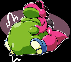 after_vore ambiguous_gender belly big_belly black_background black_eyes black_spikes blue_clothing blue_footwear blue_shoes clothing duo eyes_closed feral feral_pred footwear green_belly pink_body pink_tail saddle shoes simple_background tail vore mugsthemonster mario_bros nintendo yoob yoshi 2026