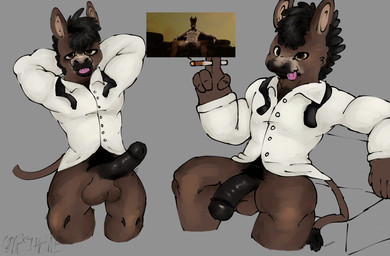 anthro balls black_glans black_hair black_penis bottomless bottomless_anthro bottomless_male brown_balls clothed clothing erection genitals glans hair half-closed_eyes humanoid_genitalia humanoid_penis male male_anthro narrowed_eyes penis simple_background sitting solo tongue tongue_out nasthane baby_steps_(game) ethan_(baby_steps) asinus donkey equid equine mammal hi_res