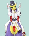 anthro belt big_breasts breasts female fur headdress markings shoulder_pads solo talisman_bikini talisman_bra talisman_on_pussy white_body white_fur yellow_body yellow_fur yin_yang furball bandai_namco digimon canid canine digimon_(species) fox mammal taomon hi_res