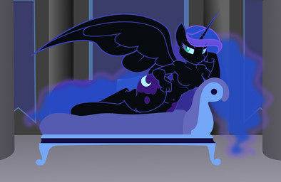 anthro arm_on_hip big_butt biped black_body blue_eyes blue_hair breasts butt chair cutie_mark eyelashes featureless_breasts female furniture hair head_on_hand hooves horn huge_butt huge_thighs lounge_chair lounging medium_breasts nude nude_female pupils slit_pupils small_waist solo thick_thighs unguligrade wide_hips wings rubbermage friendship_is_magic hasbro my_little_pony mythology nightmare_moon_(mlp) equid equine mammal mythological_creature mythological_equine winged_unicorn 2015 hi_res