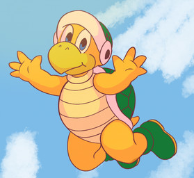 4_fingers ambiguous_gender anthro armor beak blue_eyes clothing cloud fingers footwear green_clothing green_footwear green_shell green_shoes headgear helmet scales shell shoes short_tail sky solo tail yellow_body yellow_scales dinim mario_bros nintendo bro_(koopa) hammer_bro koopa reptile scalie turtle 2025 hi_res