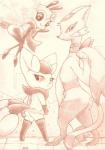 anthro butt eyelashes female flying group looking_at_viewer looking_back outside rear_view scarf smile standing fullfolka nintendo pokemon arthropod generation_5_pokemon generation_6_pokemon generation_7_pokemon mammal meowstic mienshao pokemon_(species) ribombee graphite_(artwork) hi_res monochrome sepia signature traditional_media_(artwork)