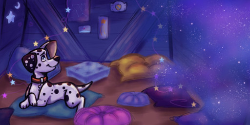 banner black_spots feral floppy_ears fur heterochromatic_ears male pillow solo spots toony tree_house white_body white_fur linkymew 101_dalmatian_street 101_dalmatians disney dylan_(101_dalmatians) canid canine canis dalmatian domestic_dog mammal